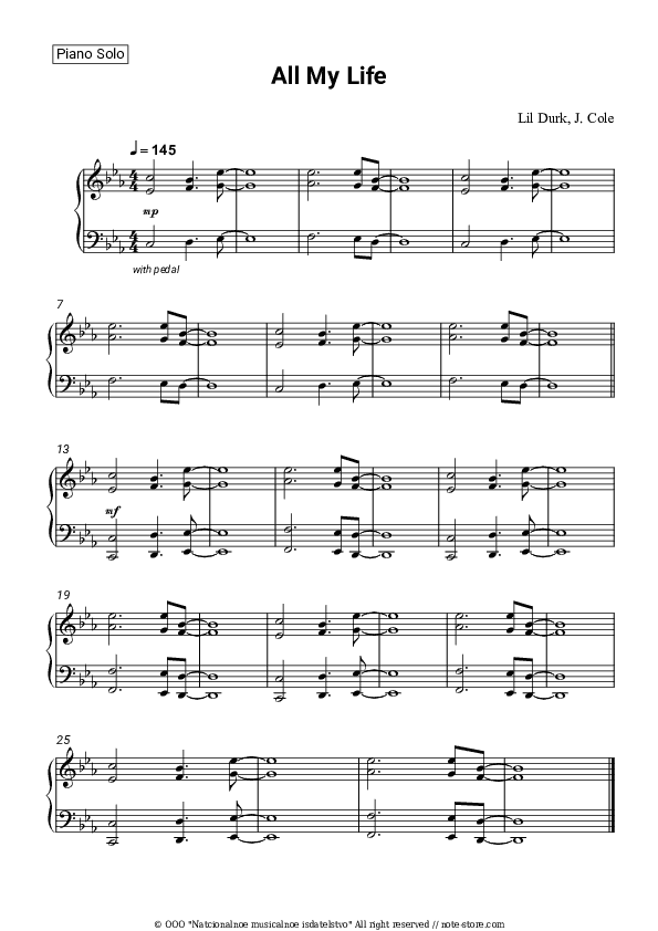 All My Life - Lil Durk, J. Cole Piano Sheet Music - Piano.Solo