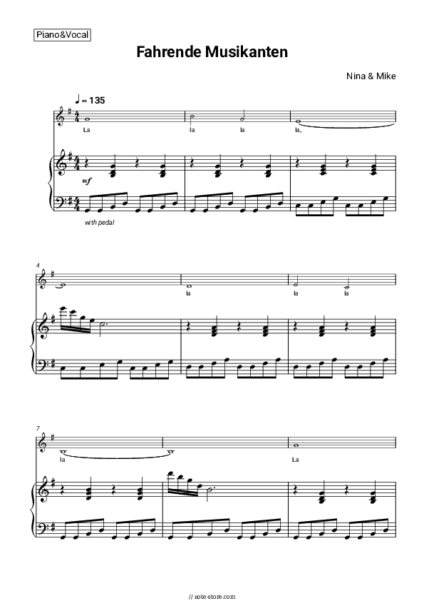 Fahrende Musikanten - Nina & Mike Piano Sheet Music with the Voice part - Piano&Vocal