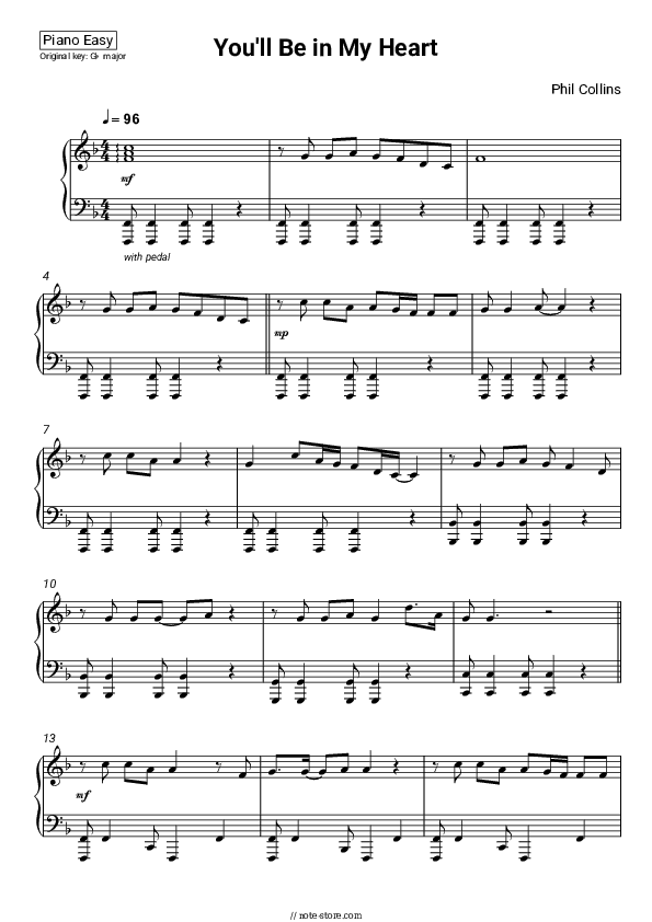 You'll Be in My Heart (from Tarzan) - Phil Collins Piano Sheet Music Easy - Piano.Easy