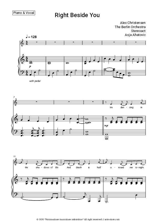 Right Beside You - Alex Christensen, The Berlin Orchestra, Stereoact, Asja Ahatovic Piano Sheet Music with the Voice part - Piano&Vocal