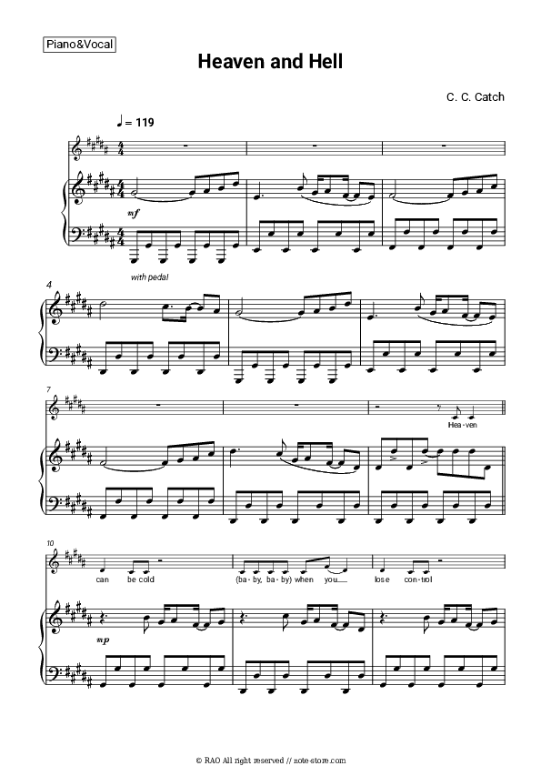 Heaven and Hell - C. C. Catch Piano Sheet Music with the Voice part - Piano&Vocal