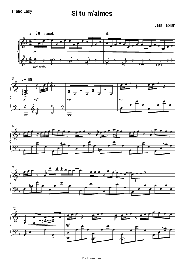 Si tu m’aimes - Lara Fabian Piano Sheet Music Easy - Piano.Easy