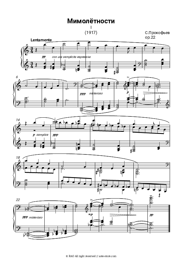 Visions fugitives op. 22 No. 1 Lentamente - S. Prokofiev Piano Sheet Music - Piano.Solo