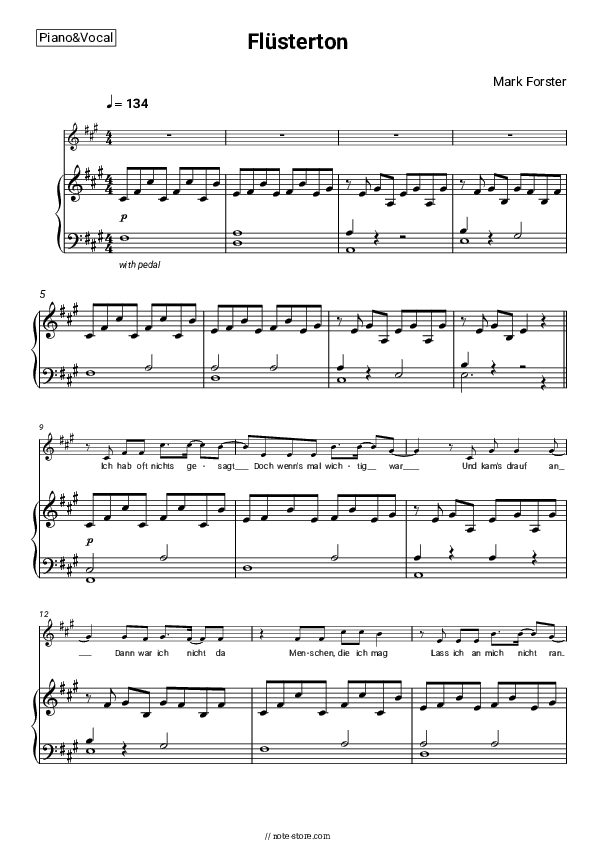 Flüsterton - Mark Forster Piano Sheet Music with the Voice part - Piano&Vocal