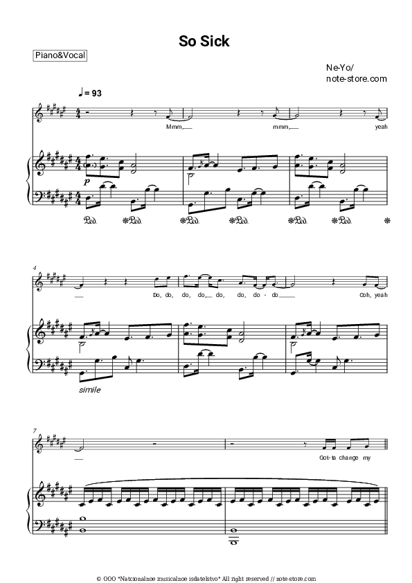 So Sick - Ne-Yo Piano Sheet Music with the Voice part - Piano&Vocal