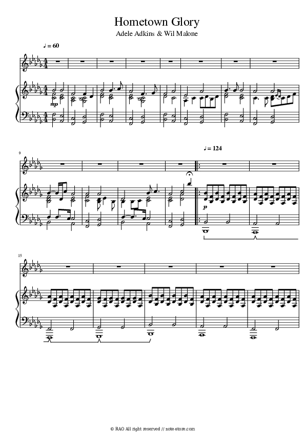 Hometown Glory - Adele Piano Sheet Music with the Voice part - Piano&Vocal