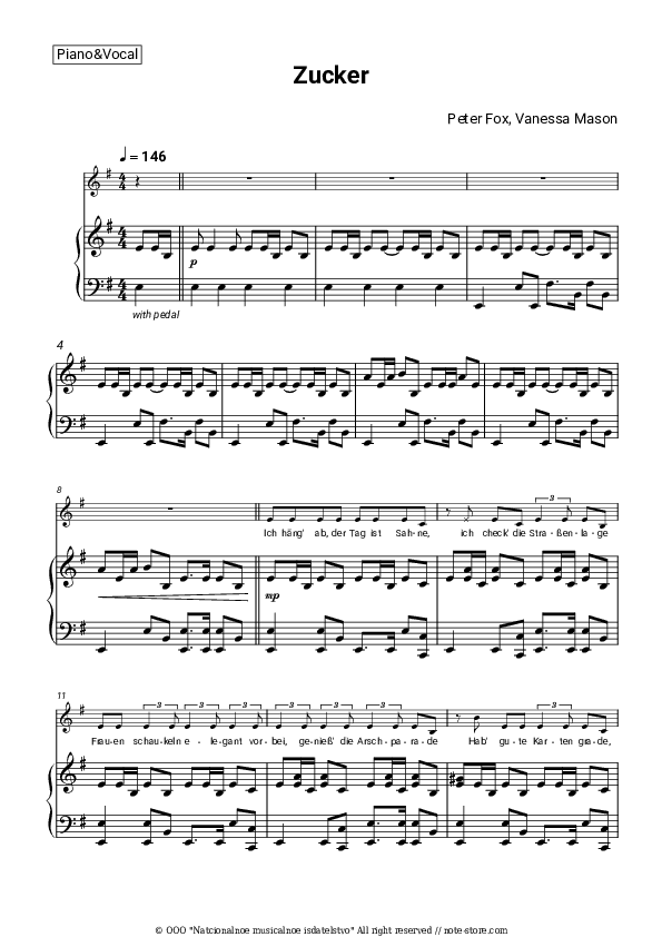 Zucker - Peter Fox, Vanessa Mason Piano Sheet Music with the Voice part - Piano&Vocal