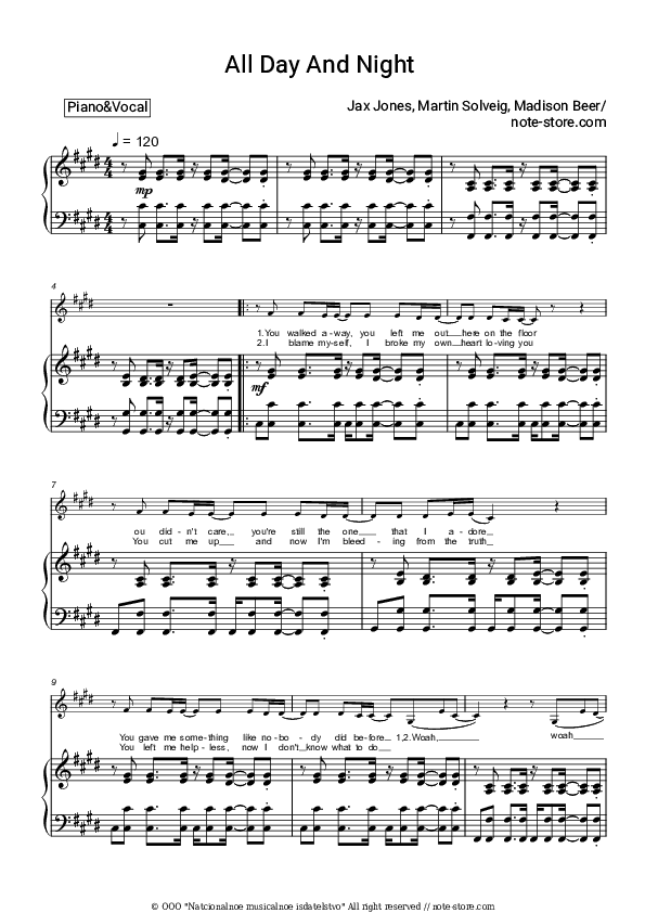 All Day and Night - Jax Jones, Martin Solveig, Madison Beer Piano Sheet Music with the Voice part - Piano&Vocal