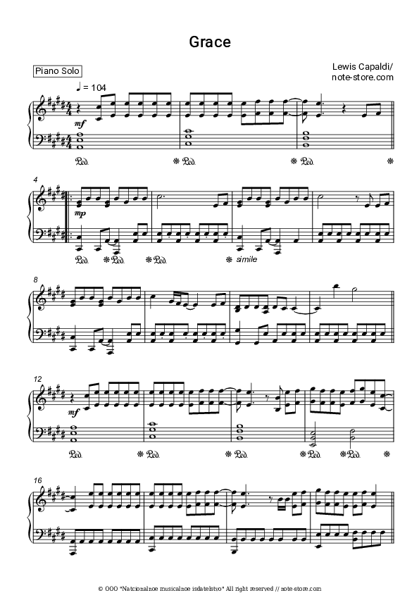 Grace - Lewis Capaldi Piano Sheet Music - Piano.Solo