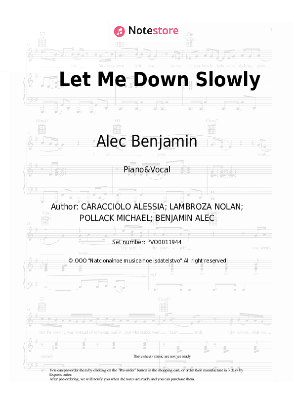 Let Me Down Slowly - Alec Benjamin, Alessia Cara Piano Sheet Music with the Voice part - Piano&Vocal