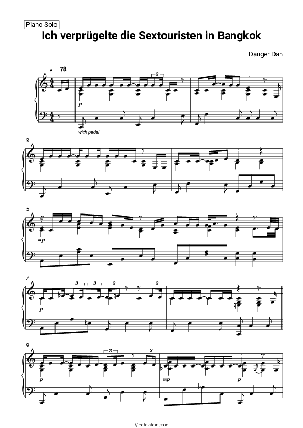Ich verprügelte die Sextouristen in Bangkok - Danger Dan Piano Sheet Music - Piano.Solo
