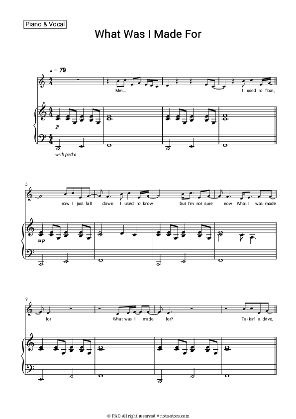 What Was I Made For - Billie Eilish Piano Sheet Music with the Voice part - Piano&Vocal