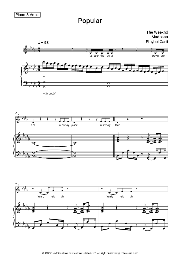 Popular - The Weeknd, Madonna, Playboi Carti Piano Sheet Music with the Voice part - Piano&Vocal