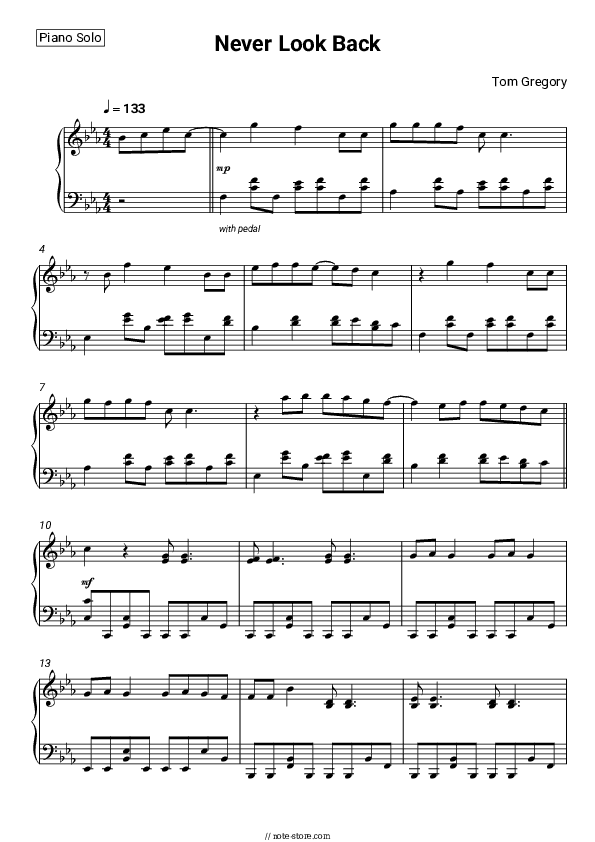 Never Look Back - Tom Gregory Piano Sheet Music - Piano.Solo