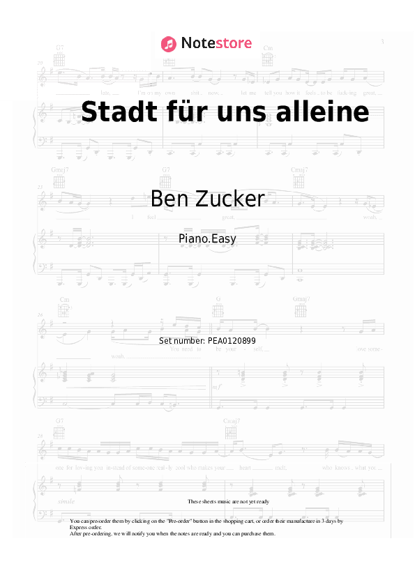 Stadt für uns alleine - Ben Zucker Piano Sheet Music Easy - Piano.Easy