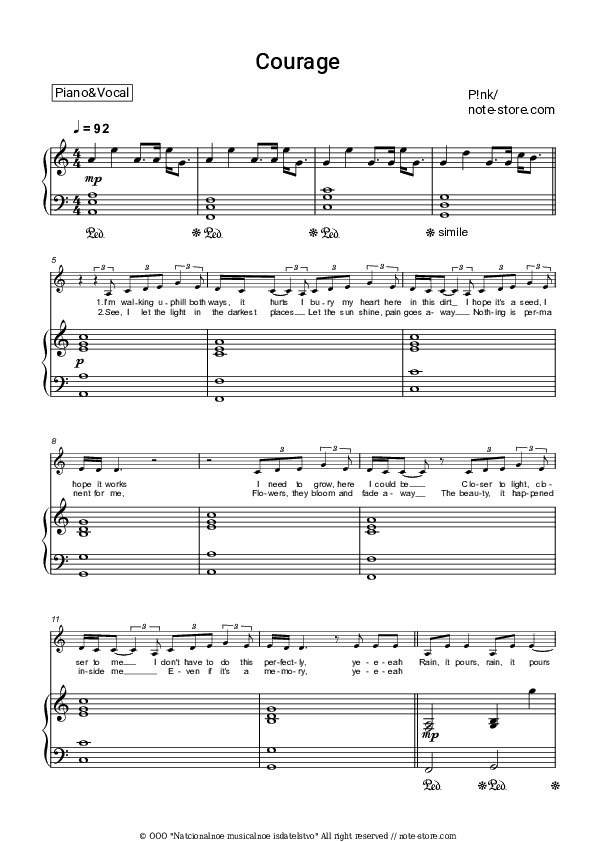 Courage - P!nk Piano Sheet Music with the Voice part - Piano&Vocal