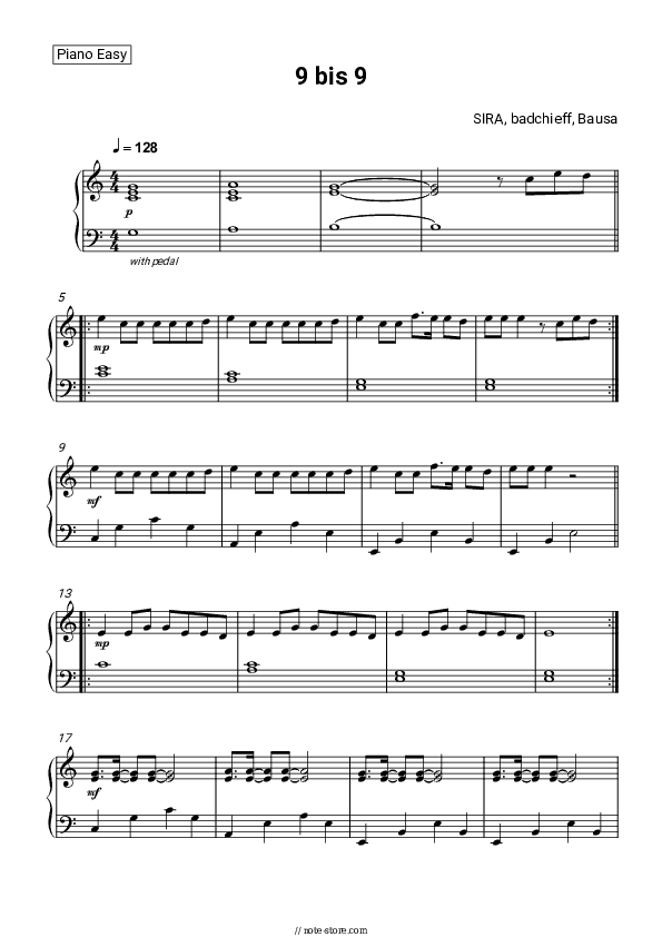 9 bis 9 - SIRA, badchieff, Bausa Piano Sheet Music Easy - Piano.Easy