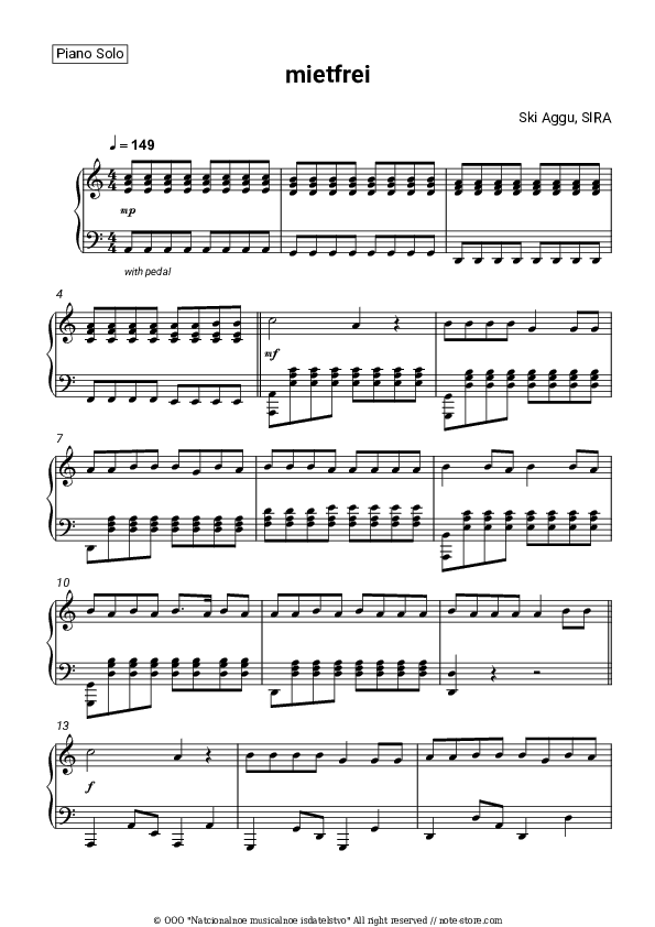 mietfrei - Ski Aggu, SIRA Piano Sheet Music - Piano.Solo