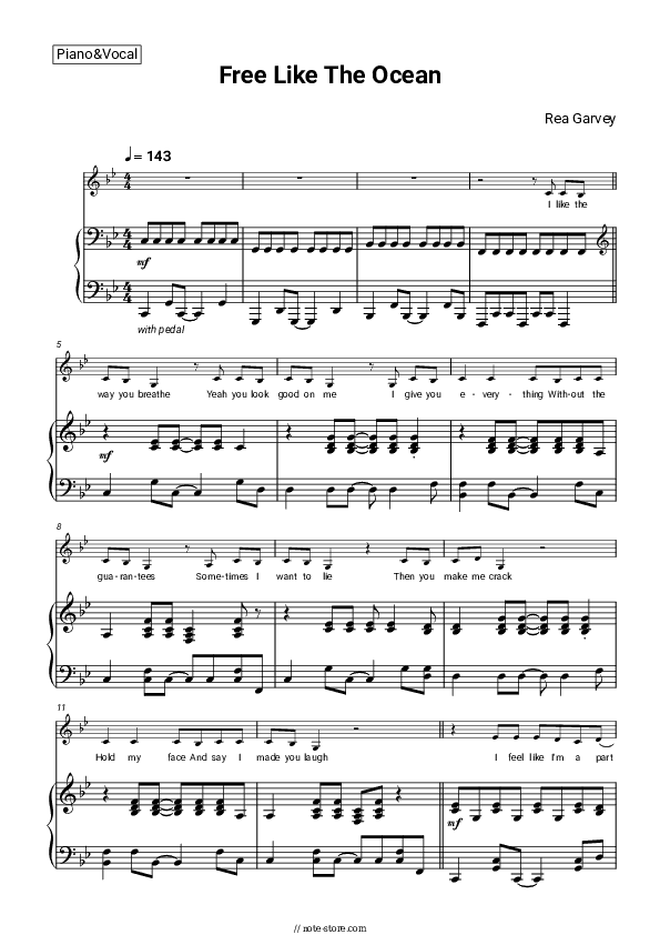 Free Like The Ocean - Rea Garvey Piano Sheet Music with the Voice part - Piano&Vocal