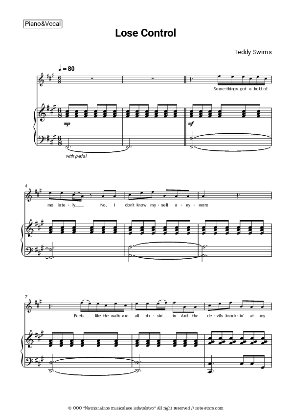 Lose Control - Teddy Swims Piano Sheet Music with the Voice part - Piano&Vocal