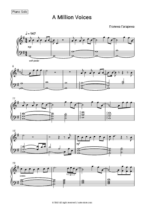 A Million Voices - Polina Gagarina Piano Sheet Music - Piano.Solo