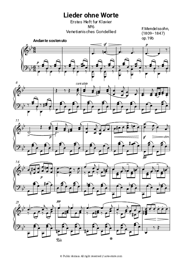 Lieder ohne Worte Op.19b No.6. Andante sostenuto: Venetianisches Gondellied - Felix Mendelssohn Piano Sheet Music - Piano.Solo