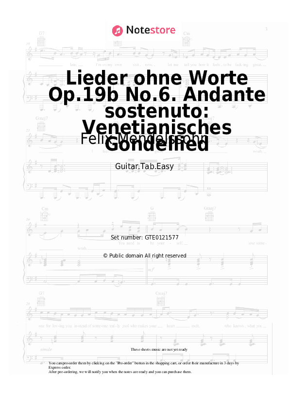 Lieder ohne Worte Op.19b No.6. Andante sostenuto: Venetianisches Gondellied - Felix Mendelssohn Tabs Easy - Guitar.Tab.Easy