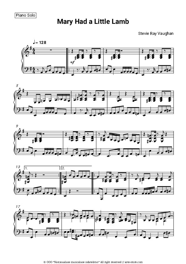 Mary Had a Little Lamb - Stevie Ray Vaughan Piano Sheet Music - Piano.Solo