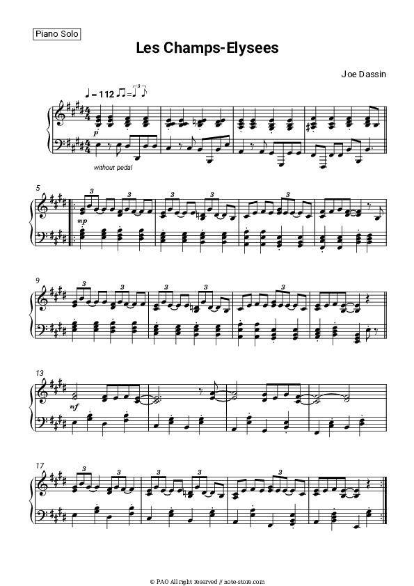 Les Champs-Elysees - Joe Dassin Piano Sheet Music - Piano.Solo