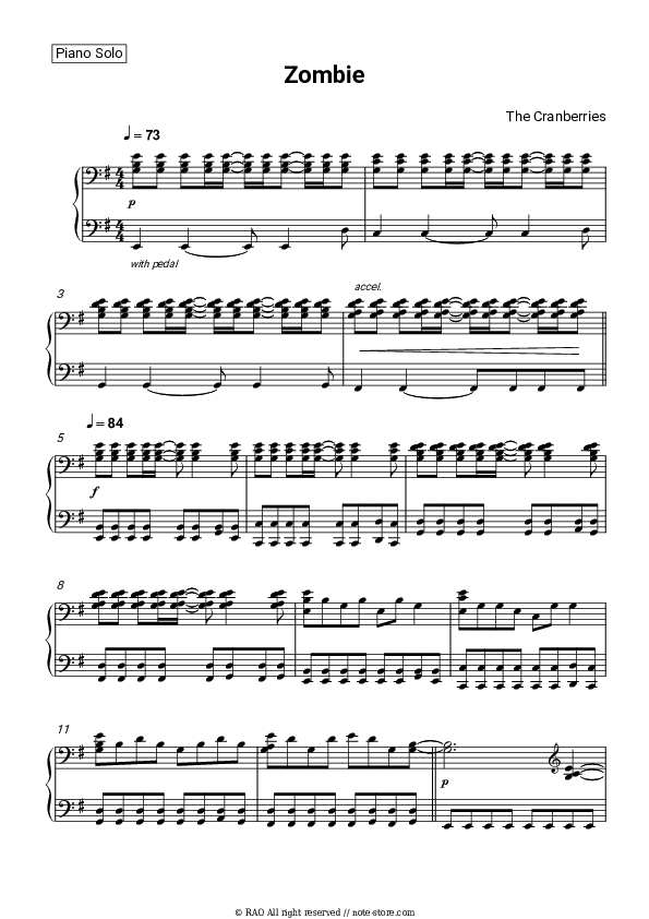 Zombie - The Cranberries Piano Sheet Music - Piano.Solo