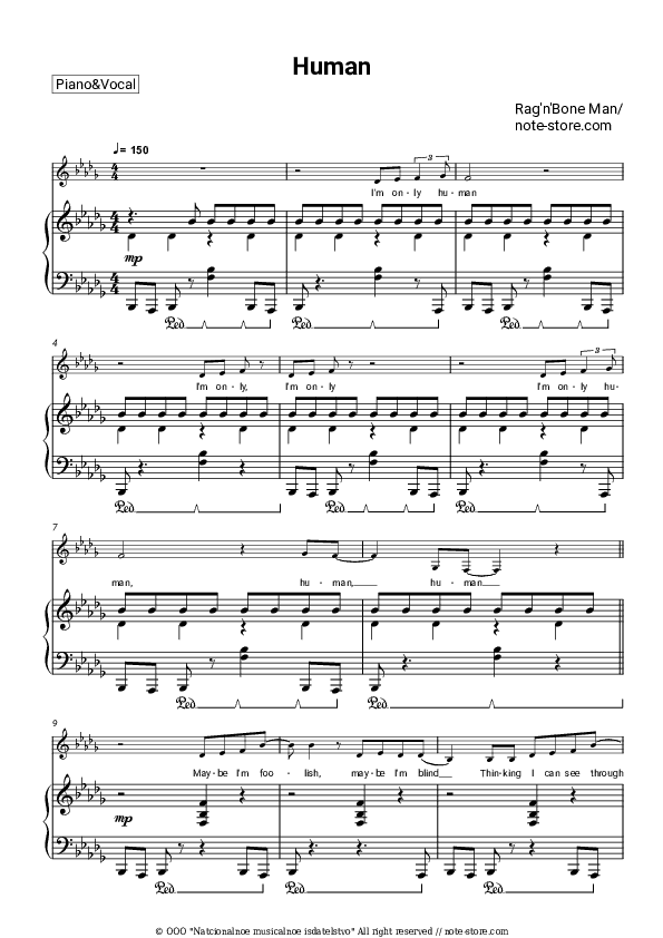 Human - Rag'n'Bone Man Piano Sheet Music with the Voice part - Piano&Vocal