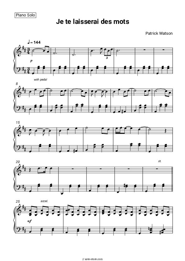 Je te laisserai des mots - Patrick Watson Piano Sheet Music - Piano.Solo