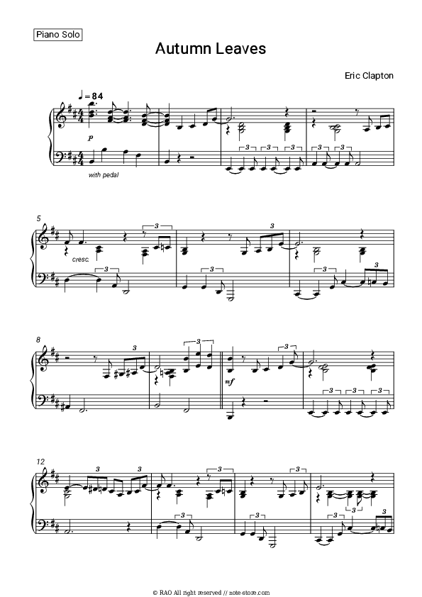 Autumn Leaves - Eric Clapton Piano Sheet Music - Piano.Solo