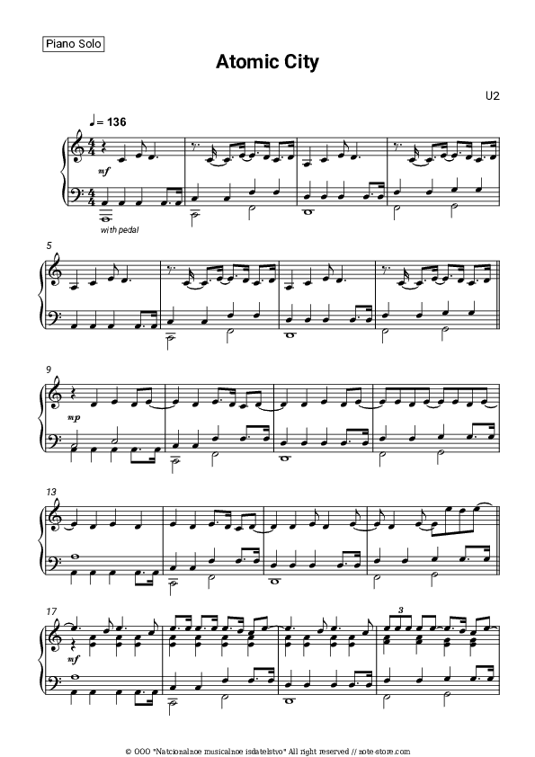 Atomic City - U2 Piano Sheet Music - Piano.Solo