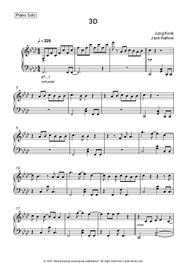 3D - Jung Kook, Jack Harlow Piano Sheet Music - Piano.Solo