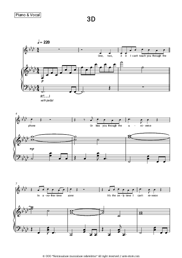 3D - Jung Kook, Jack Harlow Piano Sheet Music with the Voice part - Piano&Vocal