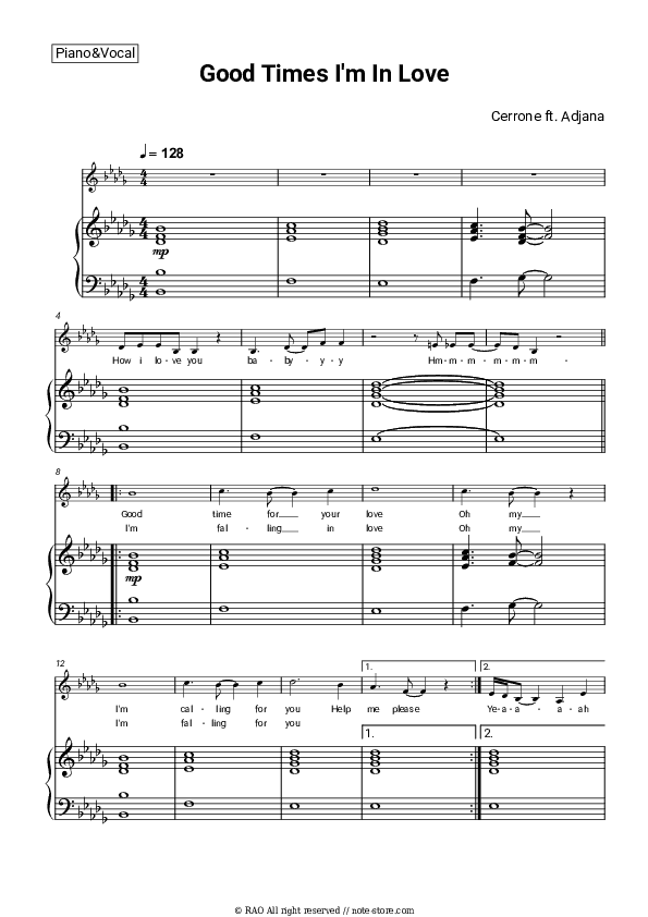 Good Times I'm In Love - Cerrone, Adjäna Piano Sheet Music with the Voice part - Piano&Vocal