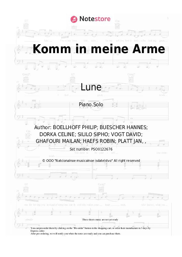 Komm in meine Arme - Lune, Céline Piano Sheet Music - Piano.Solo