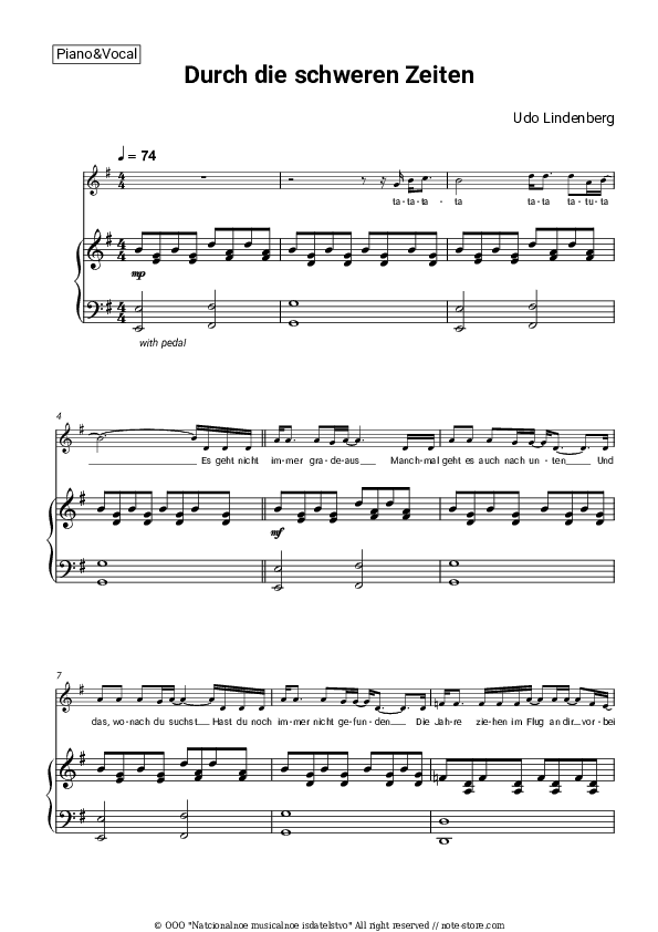 Durch die schweren Zeiten - Udo Lindenberg Piano Sheet Music with the Voice part - Piano&Vocal