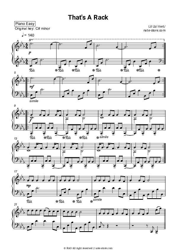 That's a Rack - Lil Uzi Vert Piano Sheet Music Easy - Piano.Easy