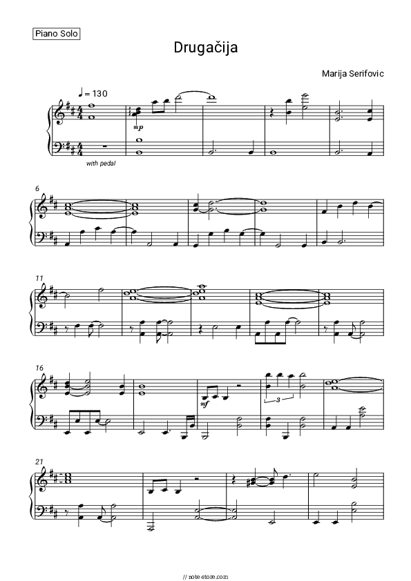 Drugačija - Marija Serifovic Piano Sheet Music - Piano.Solo