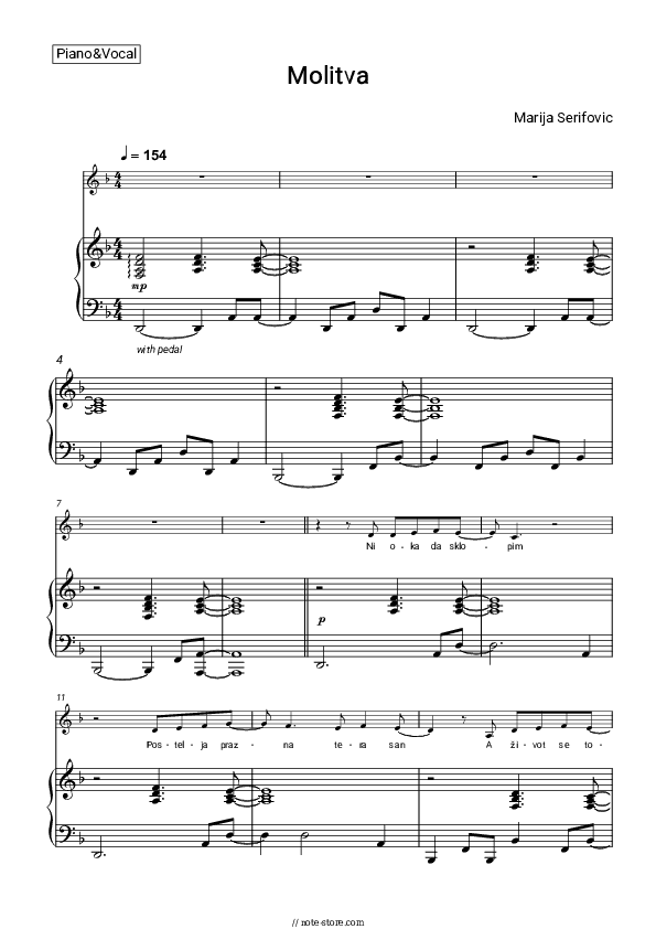 Molitva - Marija Serifovic Piano Sheet Music with the Voice part - Piano&Vocal