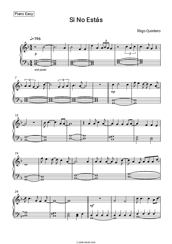 Si No Estás - Íñigo Quintero Piano Sheet Music Easy - Piano.Easy