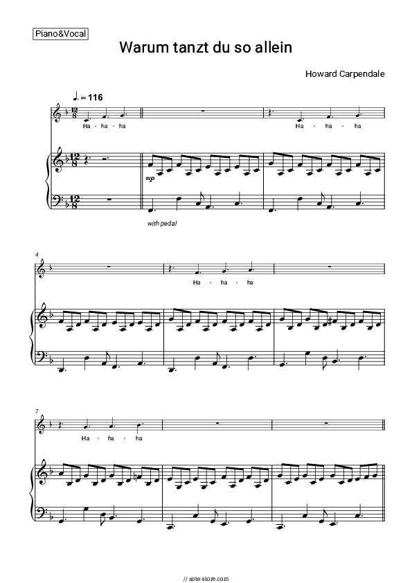 Warum tanzt du so allein - Howard Carpendale Piano Sheet Music with the Voice part - Piano&Vocal
