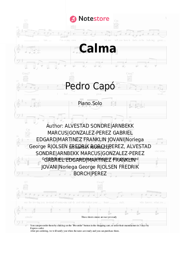 Calma - Pedro Capó, Farruko Piano Sheet Music - Piano.Solo