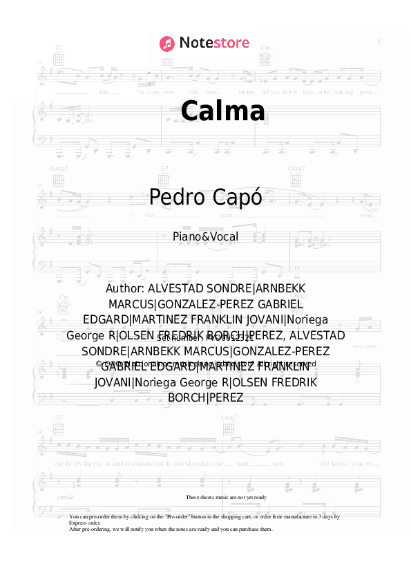 Calma - Pedro Capó, Farruko Piano Sheet Music with the Voice part - Piano&Vocal