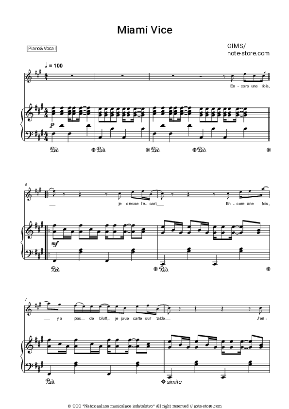 Miami Vice - GIMS (Maître Gims) Piano Sheet Music with the Voice part - Piano&Vocal