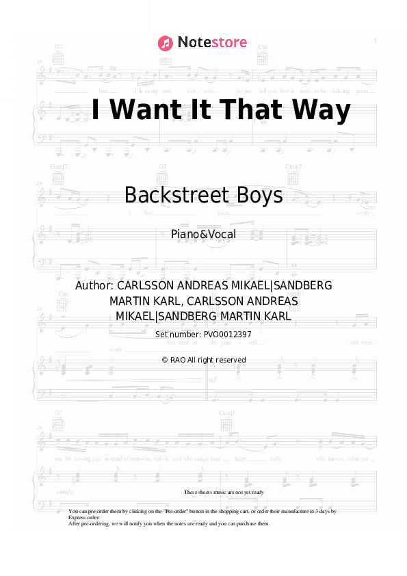 I Want It That Way - Backstreet Boys Piano Sheet Music with the Voice part - Piano&Vocal