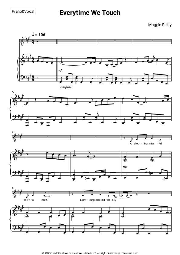 Everytime We Touch - Maggie Reilly Piano Sheet Music with the Voice part - Piano&Vocal