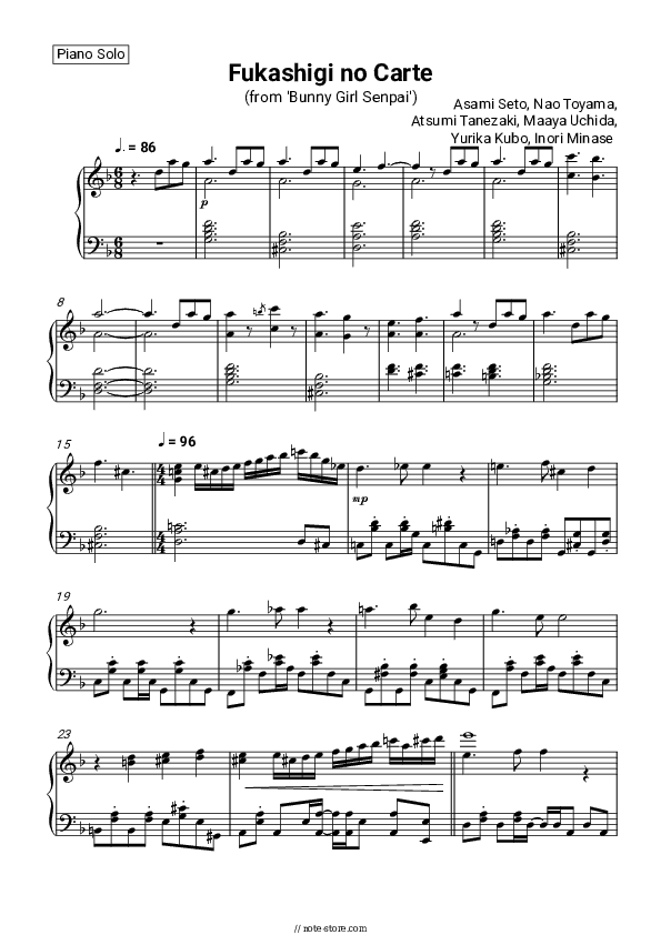 Fukashigi no Carte (from ‘Bunny Girl Senpai') - Asami Seto, Nao Toyama, Atsumi Tanezaki, Maaya Uchida, Yurika Kubo, Inori Minase Piano Sheet Music - Piano.Solo